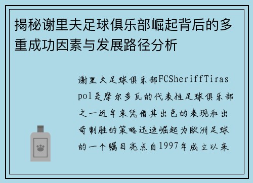揭秘谢里夫足球俱乐部崛起背后的多重成功因素与发展路径分析 揭秘谢里夫足球俱乐部崛起背后的多重成功因素与发展路径分析